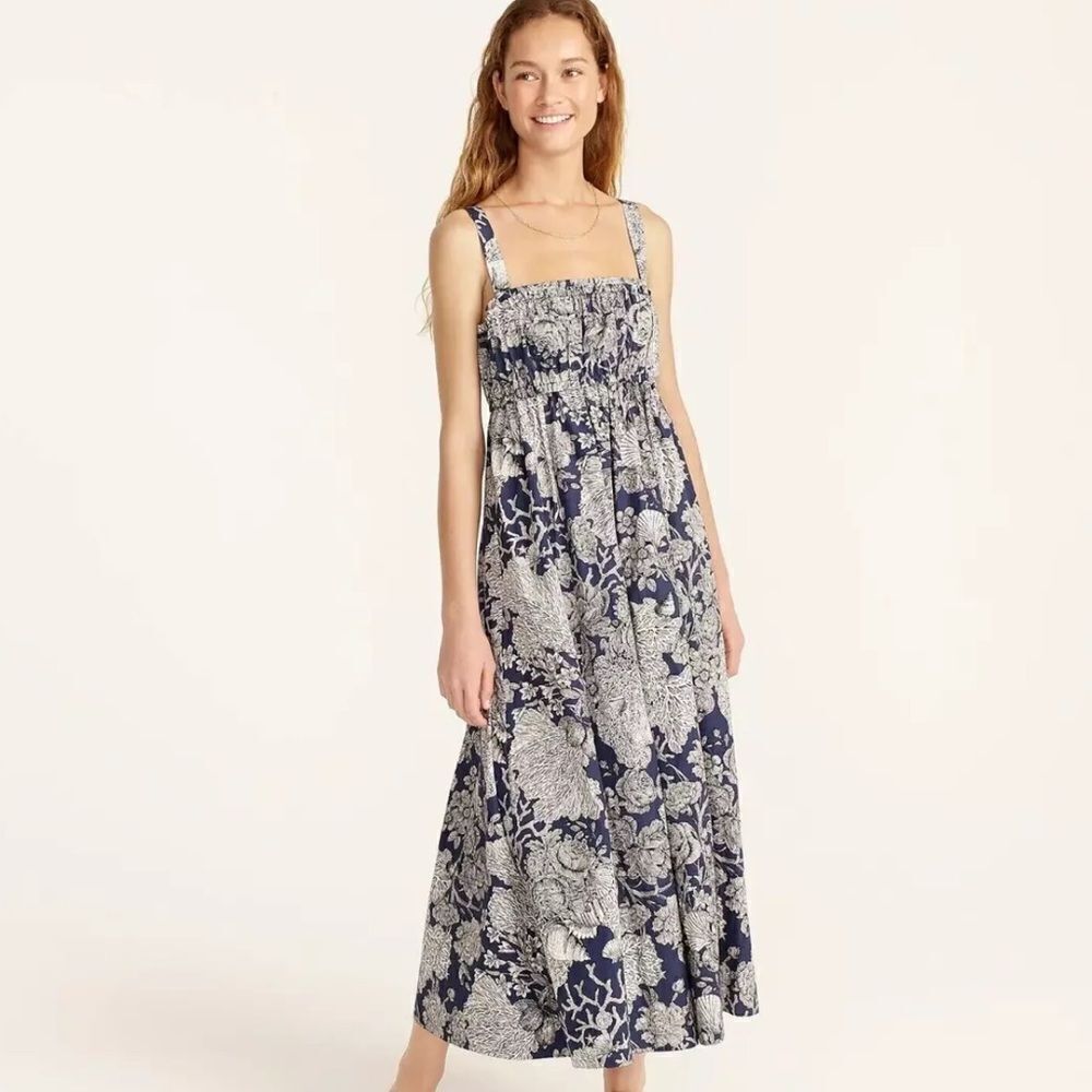 J. crew Collection women's 8 Gathered tank midi dress Ratti seashell print navy